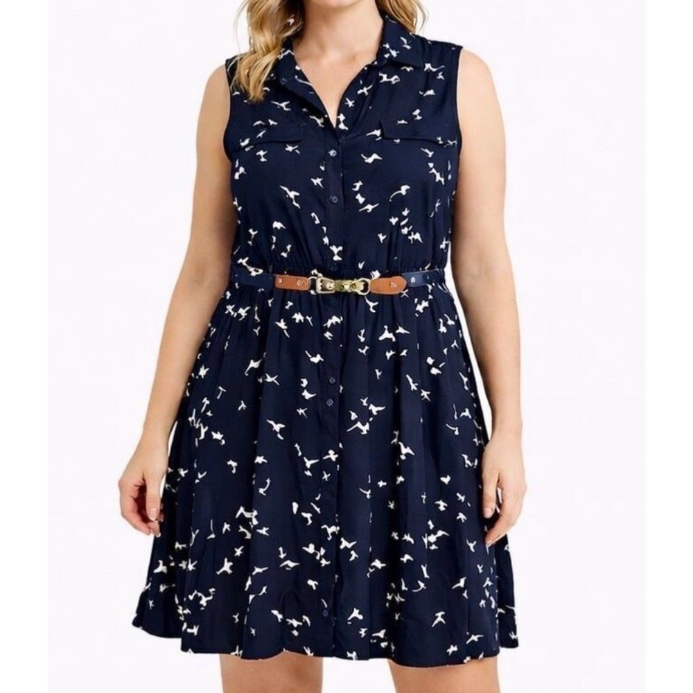 Indigo Rose Shirt Dress M Womens Navy White Bird Print Gold Buckle Boho Festival